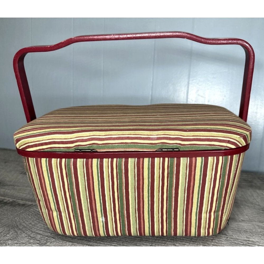 Vintage 70s Sewing Box Carrying Wood Handle Removable Plastic Tray & Extras Lot - Picture 16 of 16